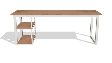 A desk designed in the 3D desk studio — box-frame legs with a two-shelf side unit