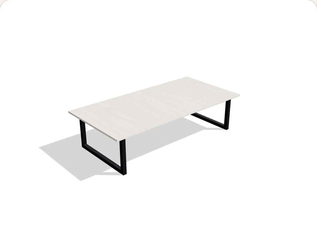 The Low & Wide coffee table — pale woodgrain top on black rectangular steel legs