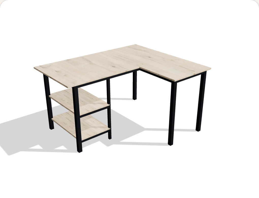 The Corner desk — L-shaped oak top with a two-tier side shelf on black steel legs