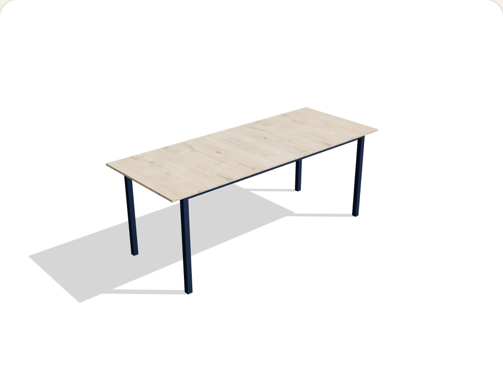 The Family desk — extra-wide oak top on navy steel legs with support beams
