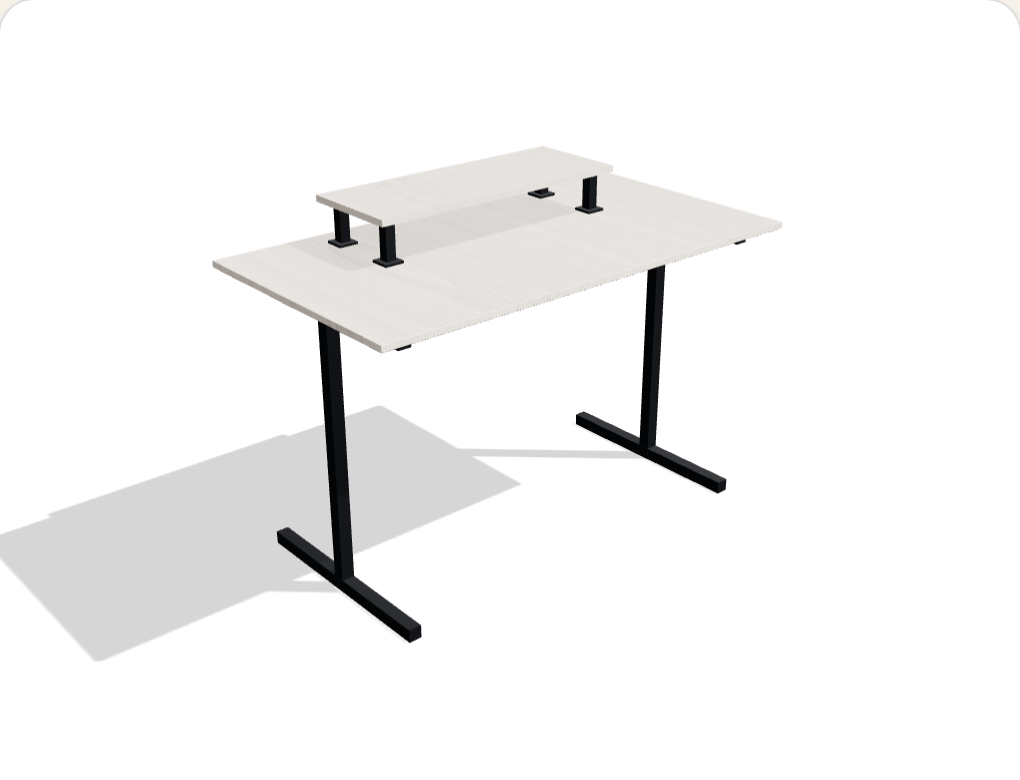 The Riser desk — cherry top with a monitor riser shelf on black steel legs