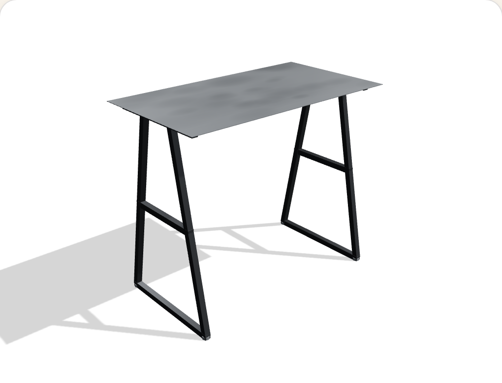 The Starter workbench — small steel-plate top on raw trestle legs